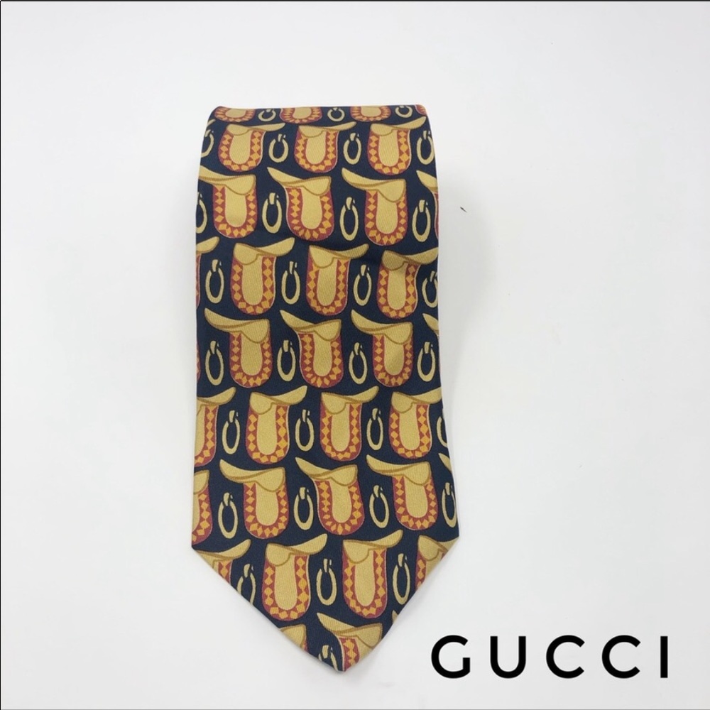 Gucci Red Blue Gold Geometric Horsebit Silk Tie